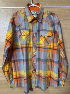 Evolution In Design Men Sz XL Plaid Button Up Shirt Roll Tab Long Sleeve Pockets